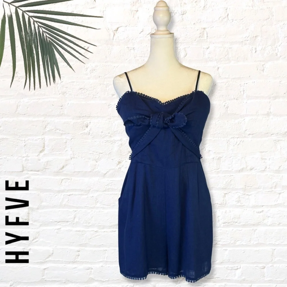 HYFVE Navy Blue Bow Knot Crochet Trim Short Romper Size Large Navy